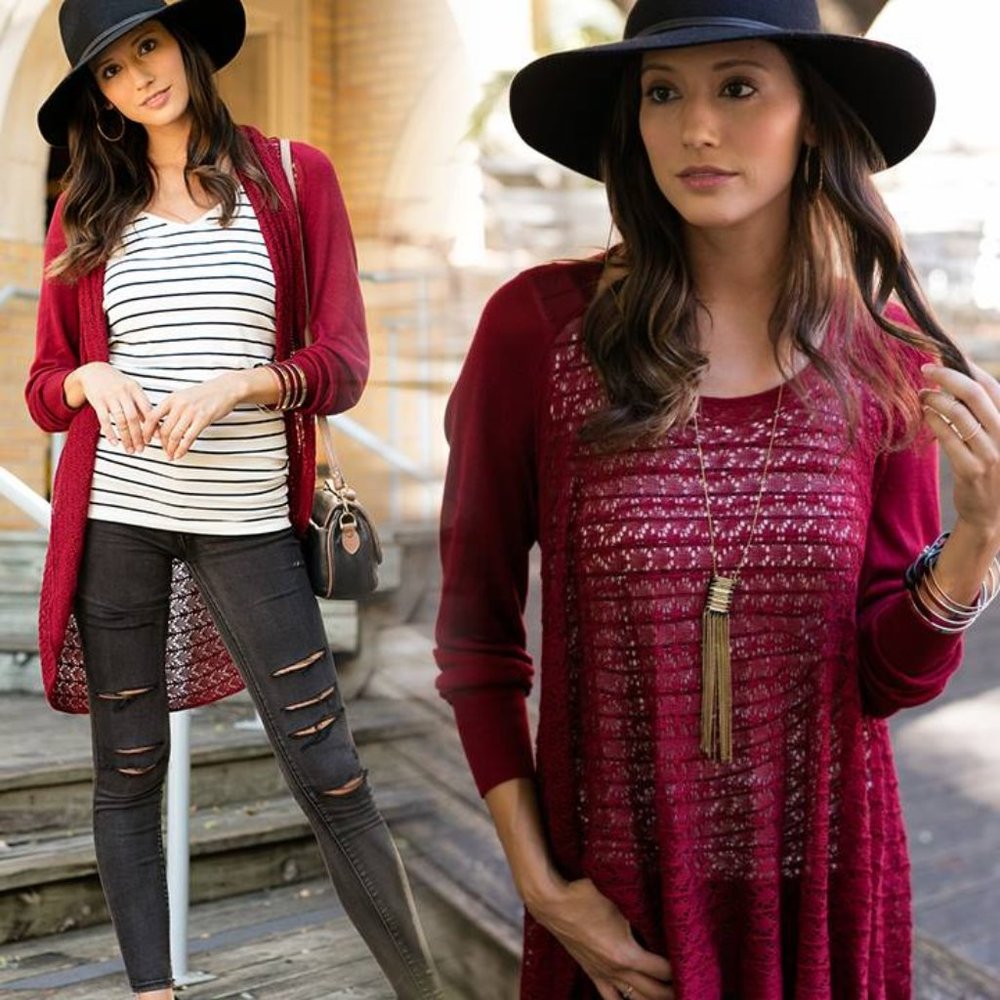 Grace & Lace light weight two fit knit cardigan poncho coverup sweater cranberry